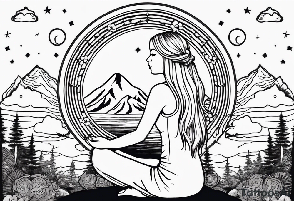 Straight blonde hair girl meditating facing away toward mountains surrounded by mushrooms crescent moon mandala circular design black and white striped dress tattoo idea