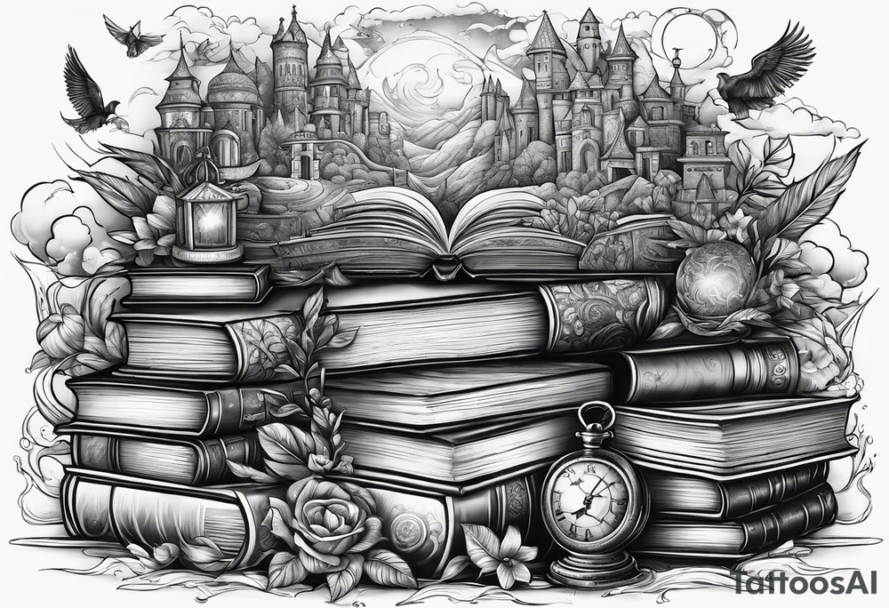 Stack of books surrounded by fantasy elements tattoo idea