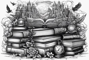 Stack of books surrounded by fantasy elements tattoo idea