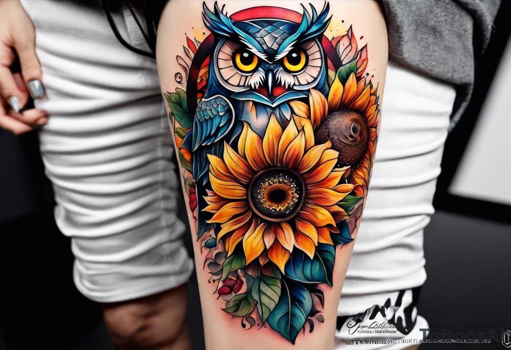 Leg sleeve with colorful sunflowers and an owl tattoo idea