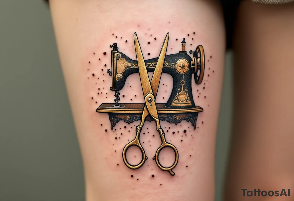 Scissors and Sewing Machine Tattoo – A pair of old-fashioned brass scissors paired with a sewing machine, shaded in earth tones like brown, tan, and gold, creating a nod to craftsmanship and sewing artistry. tattoo idea