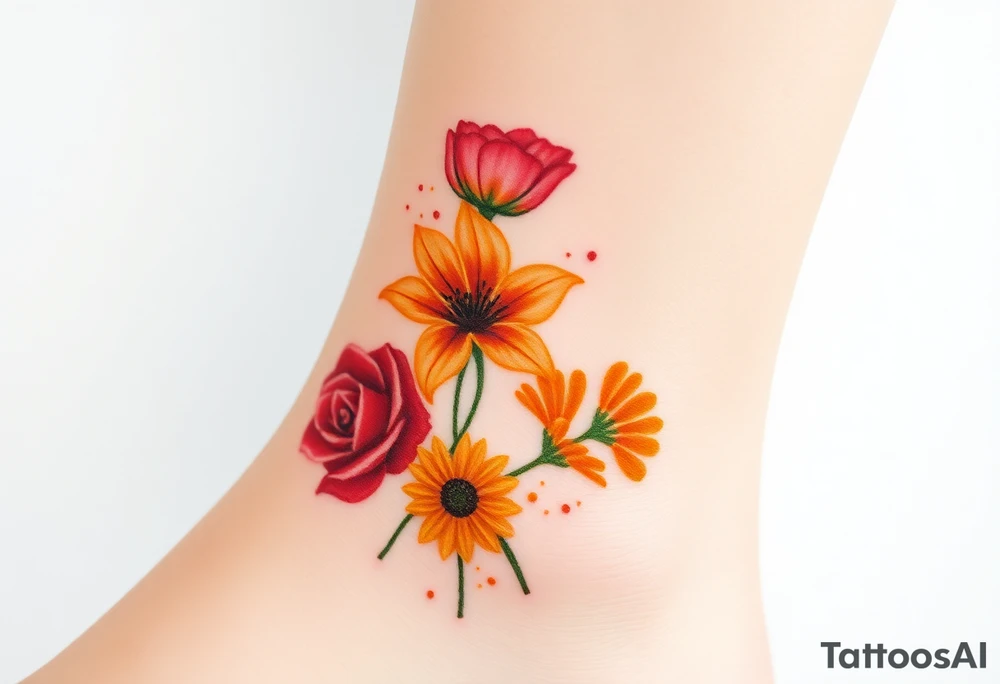 a colorful, vibrant, watercolor tattoo with one red rose, one orange lily, one gold marigold, and one orange cosmos flower and with splashes of color tattoo idea