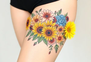 Bouquet of sunflowers, water Lillies, dahlias, marigolds, carnations, hydrangeas, daisys, and chrysanthemums tattoo idea