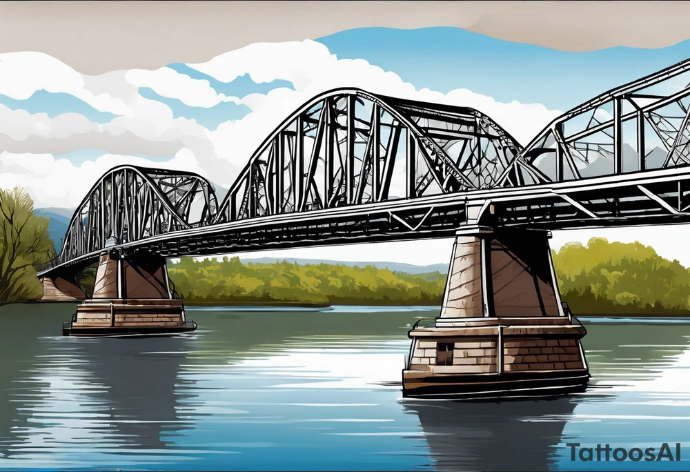 steel truss cantilever bridge over river, tattoo idea