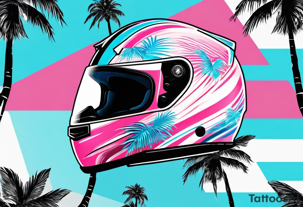 Formula 1 Helment with the Miami logo a palm tree and pink black and light blue colors tattoo idea