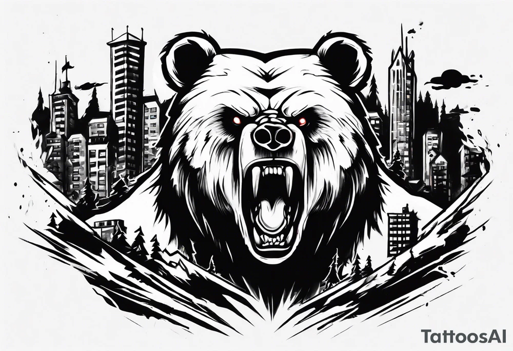 Angry bear coming up behind a city tattoo idea