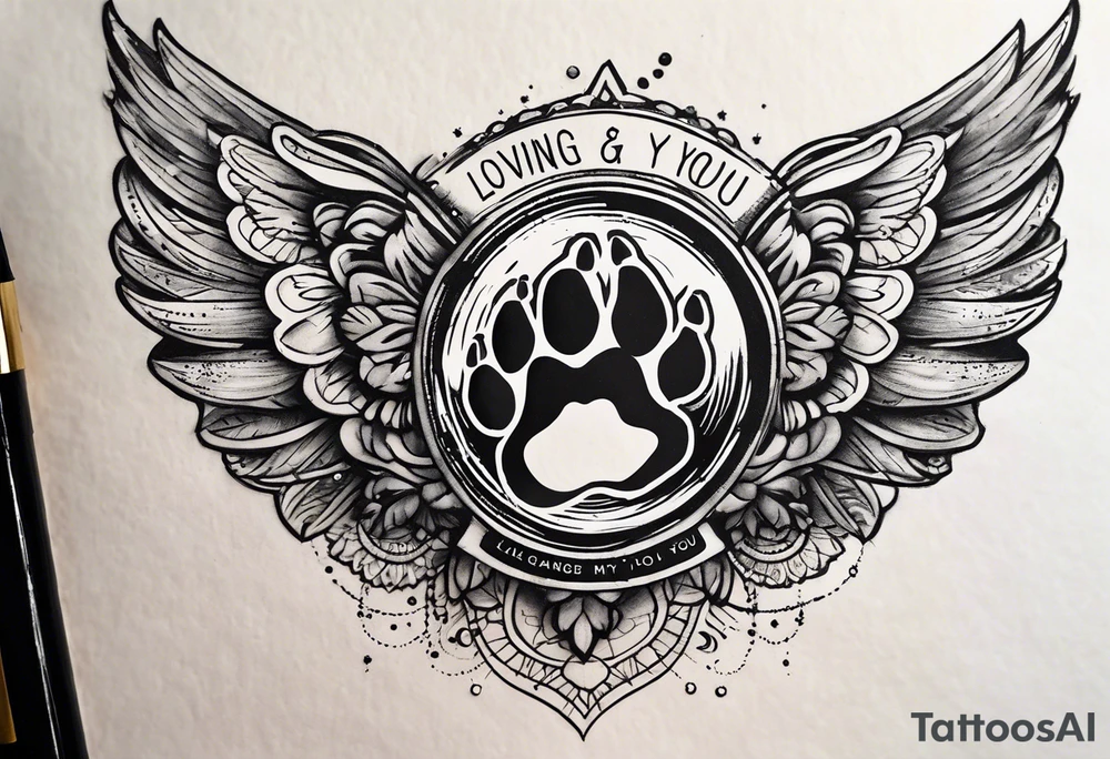 Small dog Paw print with halo and wings above the words loving you changed my life, losing you did the same - Lexie 11/08-7/23 tattoo idea