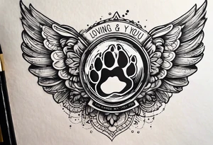 Small dog Paw print with halo and wings above the words loving you changed my life, losing you did the same - Lexie 11/08-7/23 tattoo idea