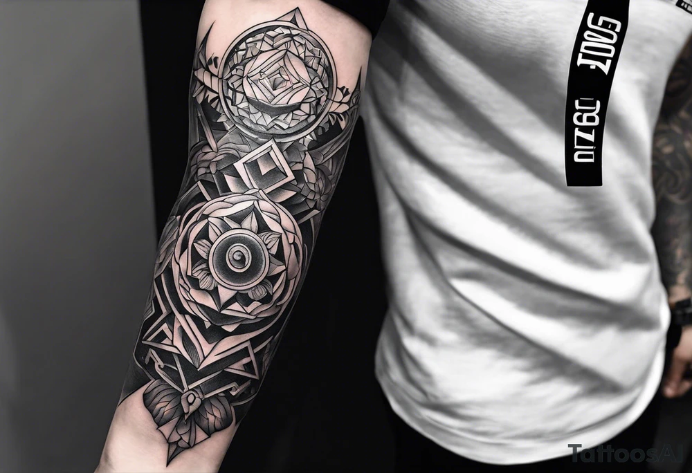 From left shoulder to forearm sleeve tattoo. Fine line geometric, concept design tattoo tattoo idea
