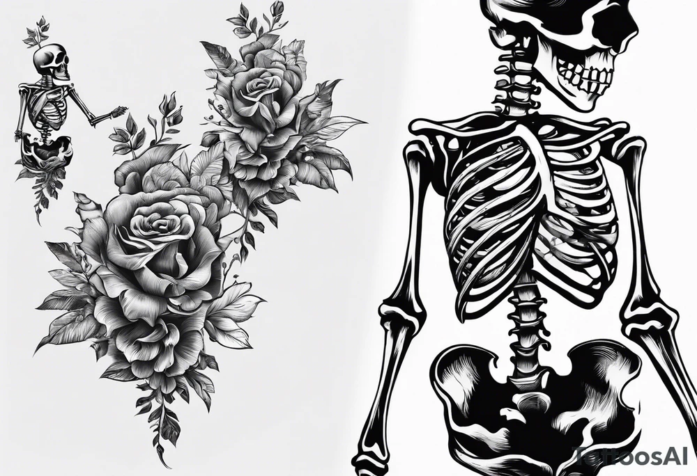 a full body skeleton sitting with his heart in his hand tattoo idea