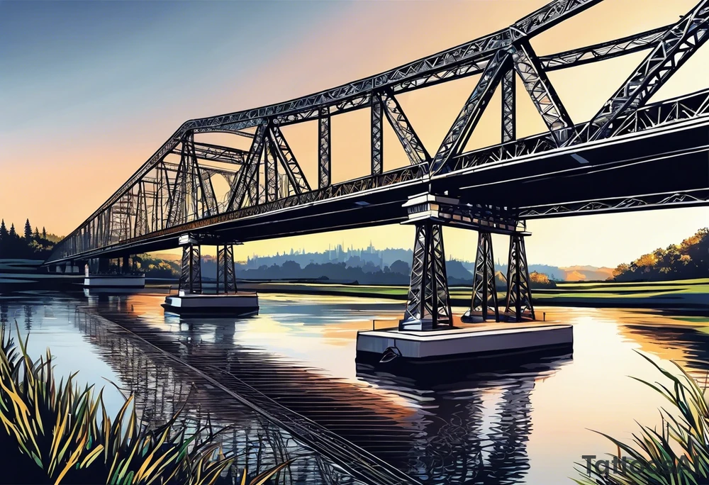 steel truss cantilever bridge over river, tattoo idea