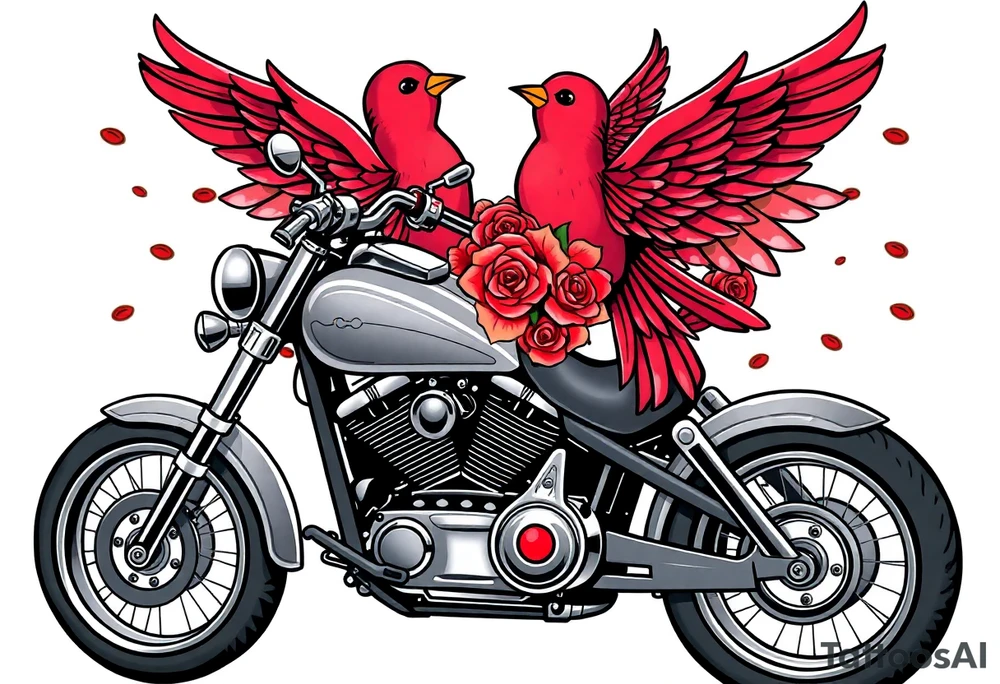Harley grey motorcycle driving away, two red birds flying, roses, flames, angel wings tattoo idea