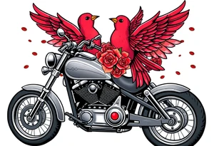 Harley grey motorcycle driving away, two red birds flying, roses, flames, angel wings tattoo idea