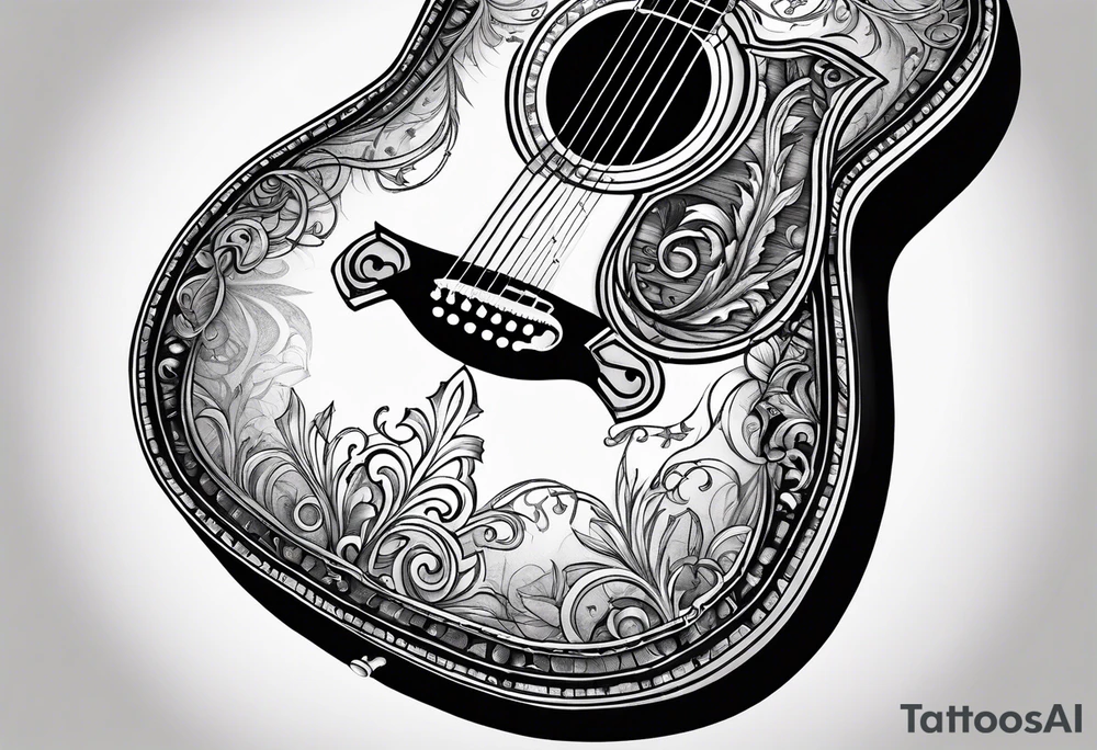 sketch the words "suffer no fool" on an old beat up acoustic guitar tattoo idea