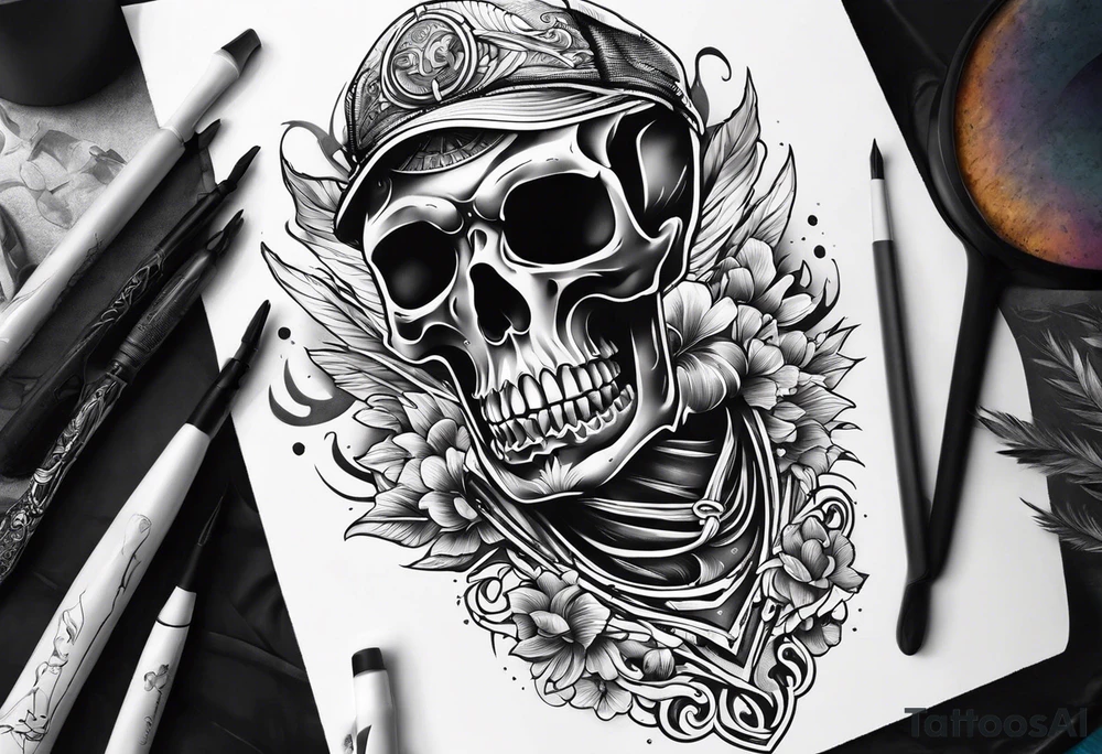 Surfing skeleton tattoo idea