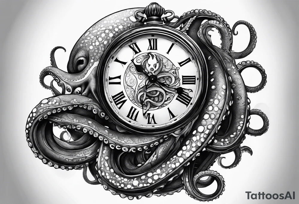 to be drawn in the arm, pocket watch wrapped under an aggressive octopus in side view tattoo idea