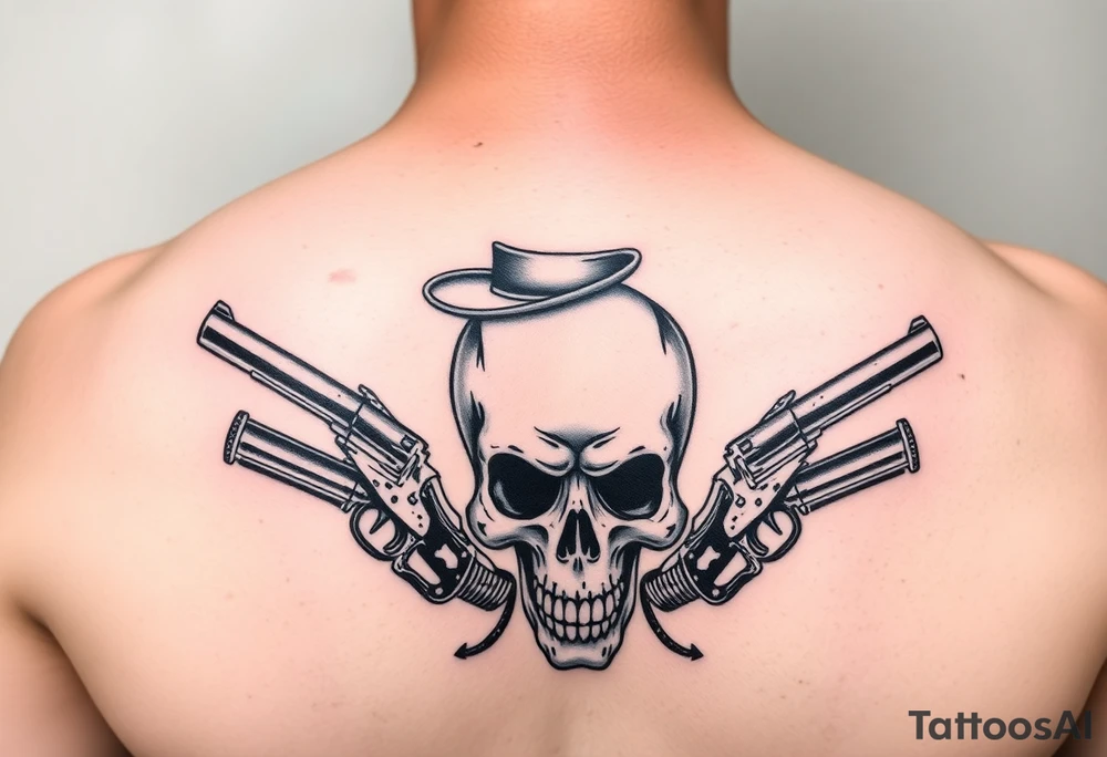 voodoo skull, top hat, dead man card had six guns tattoo idea