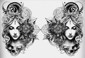 Men's chest tatto with two psychedelic entities facing each other, meaning that only  their sides are visible. Very mininalistic and more abstract rather than realistic tattoo idea