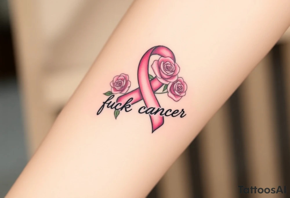 Pretty pink Cancer ribbon that says "fuck cancer"with 3 light pink roses tattoo idea