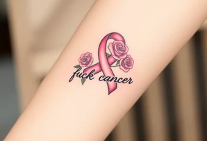 Pretty pink Cancer ribbon that says "fuck cancer"with 3 light pink roses tattoo idea