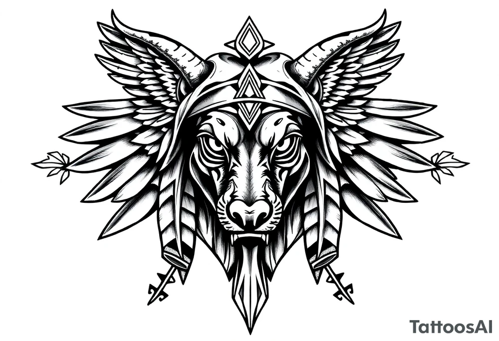 Egyptian Anubis god face muscle in Egypt style  with mantle on head with white eyes 

dog face surrounded Egyptian symbols based on elements tattoo idea