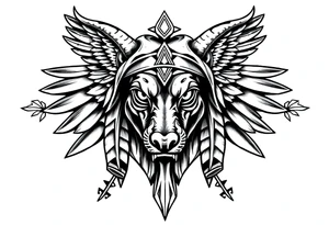 Egyptian Anubis god face muscle in Egypt style  with mantle on head with white eyes 

dog face surrounded Egyptian symbols based on elements tattoo idea