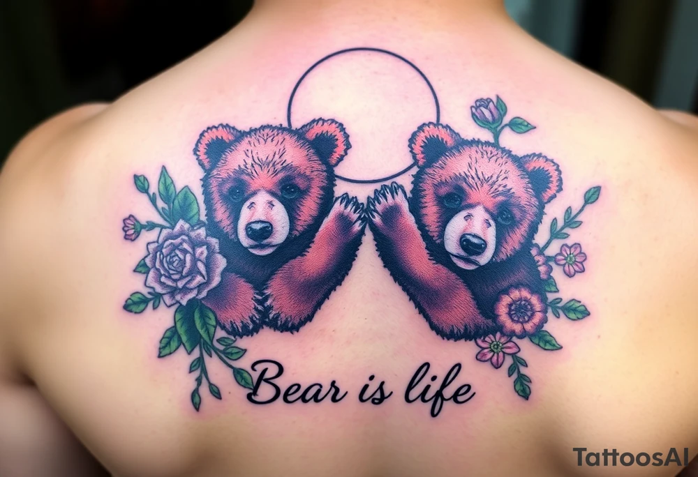Tattoo, two realsistic baby brown bears, moon, colored carnations and vines, 9-28-14, "Bear is life", purple and green tattoo idea