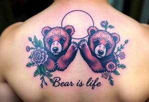 Tattoo, two realsistic baby brown bears, moon, colored carnations and vines, 9-28-14, "Bear is life", purple and green tattoo idea