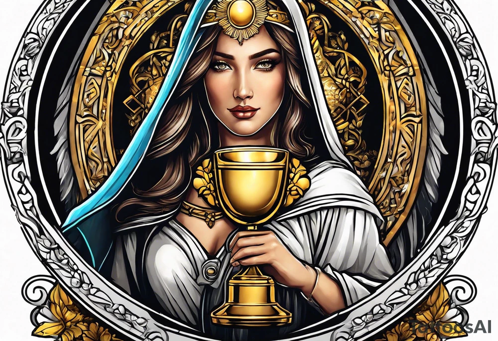 woman saint holding chalice surrounded by golden halo tattoo idea