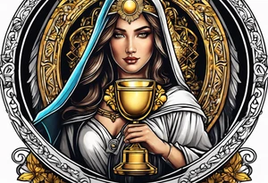 woman saint holding chalice surrounded by golden halo tattoo idea