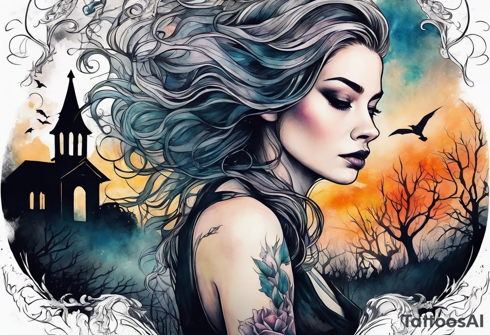 Woman walking out of a graveyard  leaving her old terrifying past behind her ethereal and mysterious tattoo idea