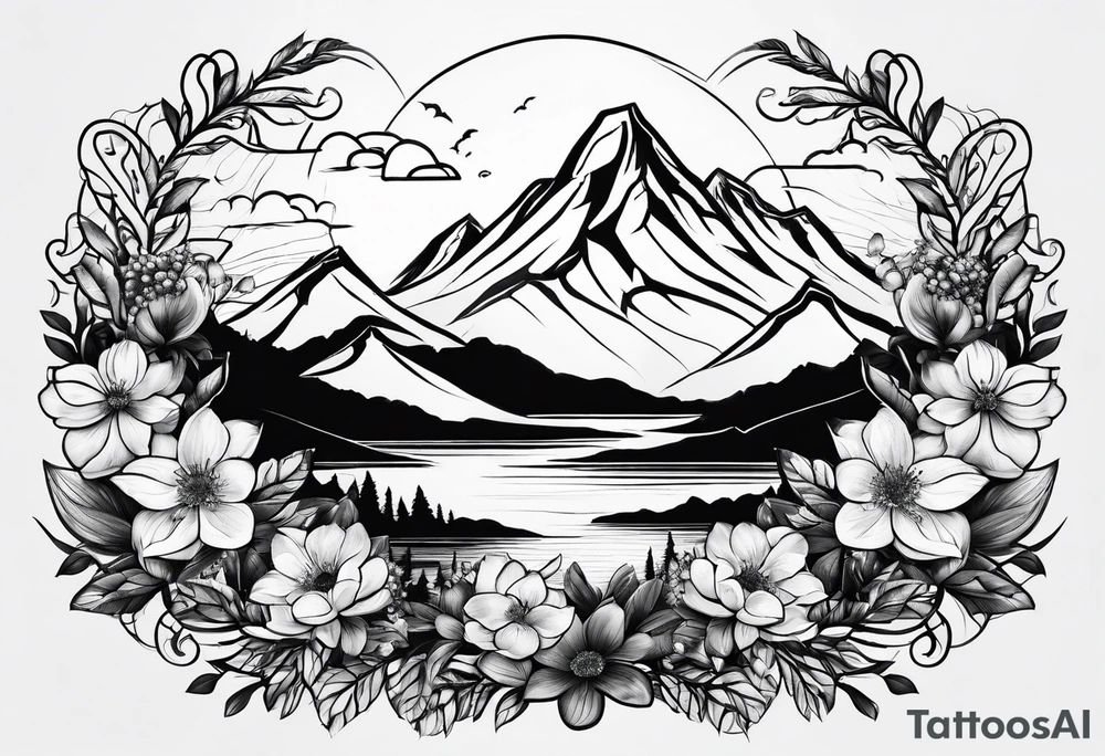 mountain with flowers tattoo idea