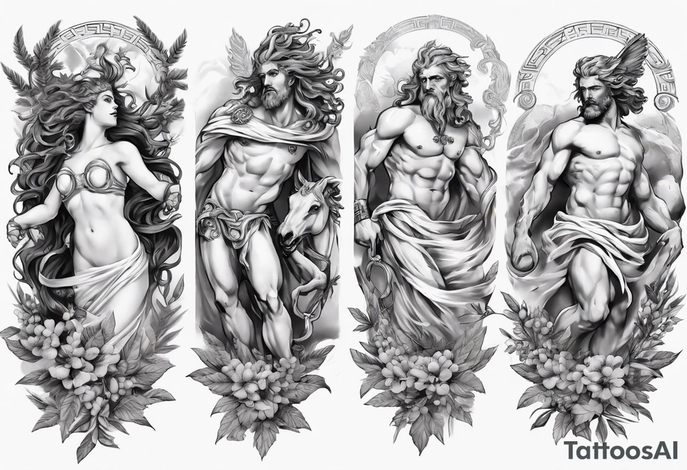 Greek mythology sleeve with Medusa, Zeus, olive branches and a Pegasus tattoo idea