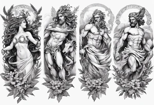 Greek mythology sleeve with Medusa, Zeus, olive branches and a Pegasus tattoo idea