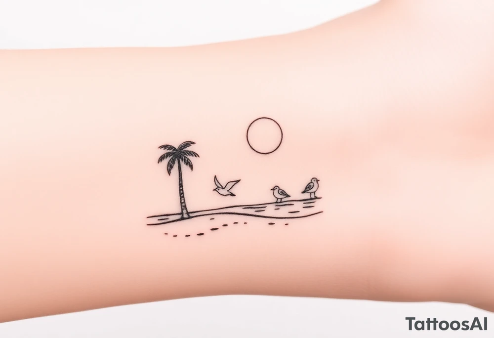 happy, peaceful, serene, timeless, ocean, sand, palm tree, seagulls, sun tattoo idea