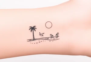happy, peaceful, serene, timeless, ocean, sand, palm tree, seagulls, sun tattoo idea