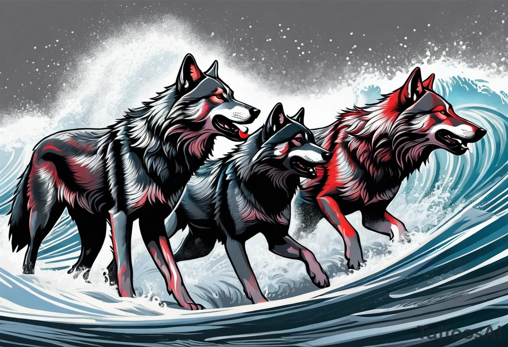 a pack of 3 howling muscular  gray wolves surfing waves with a linear background with red, white and black and gray tattoo idea