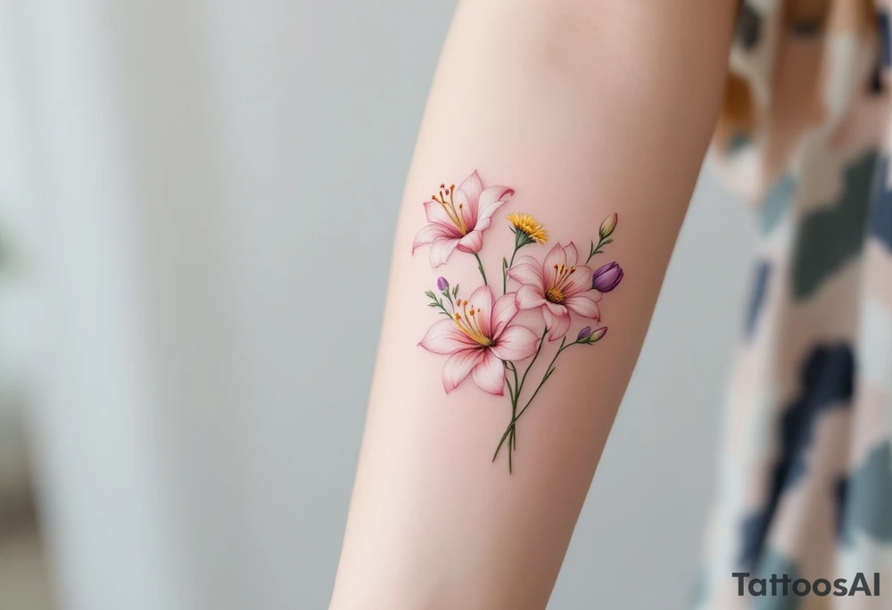 Small Stargazer lillies pale pink with no outline 
with small yellow sunflowers and pale purple tulip buds in a dainty wildflower bouquet with light green stems tattoo idea