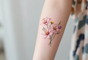 Small Stargazer lillies pale pink with no outline 
with small yellow sunflowers and pale purple tulip buds in a dainty wildflower bouquet with light green stems tattoo idea