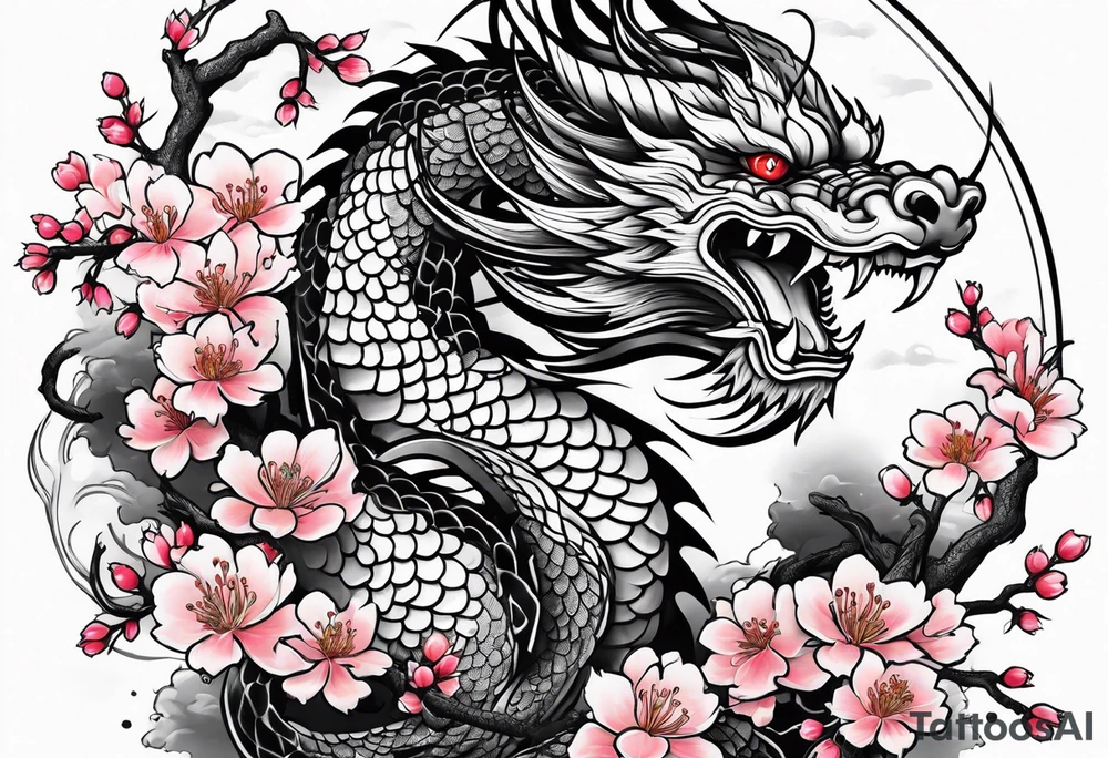 Japanese dragon, cherry blossoms, full sleeve tattoo idea