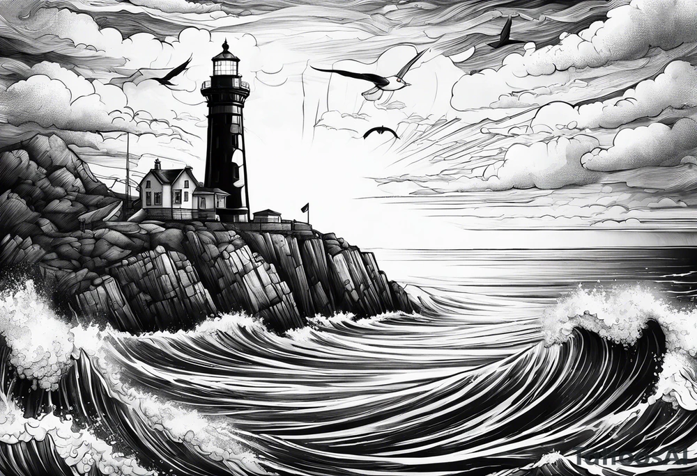 Lighthouse above a high cliff with below a wild sea and sinking ship tattoo idea