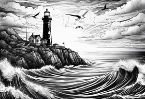 Lighthouse above a high cliff with below a wild sea and sinking ship tattoo idea