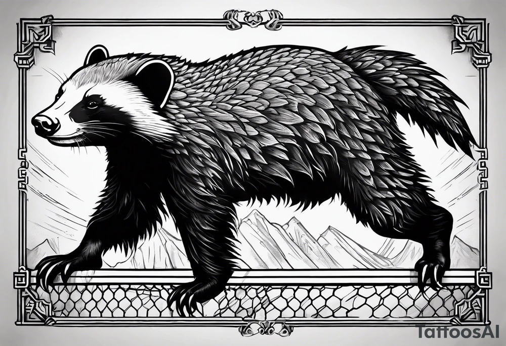 honey badger climbing up/over, claws near face, behind, on its back legs, looking over fence, full body tattoo idea