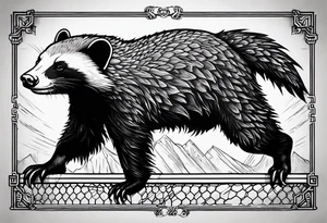 honey badger climbing up/over, claws near face, behind, on its back legs, looking over fence, full body tattoo idea