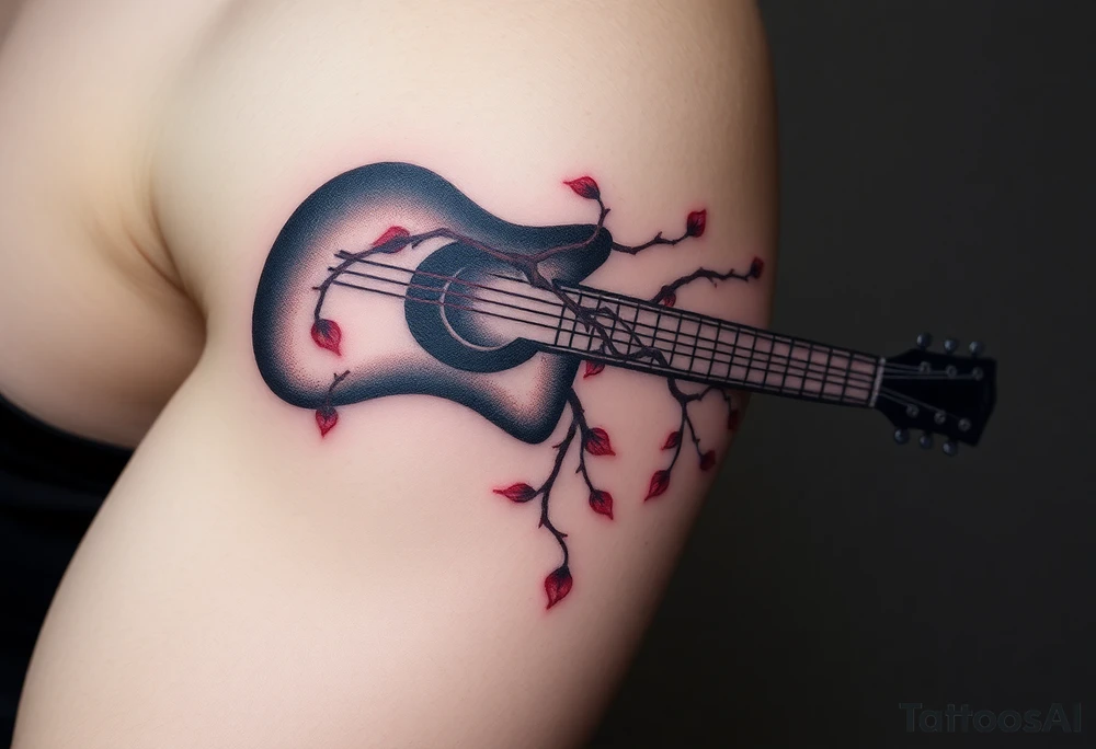 A broken guitar with vines growing through the strings, in dark tones of black and deep red, representing the fusion of music and eternal love tattoo idea