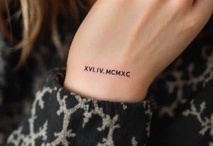 XVI.IV.MCMXC in minimalist black under the clavicle, with a thin geometric frame in faded bronze. tattoo idea