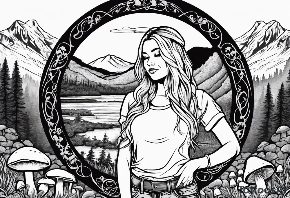 Whole picture encircled fully

Straight long blonde hair hippie girl in distance holding mushrooms in hand facing away toward mountains and creek surrounded by mushrooms long sleeve shirt and hiking pants; whole rendering within a full circle, no cut off circle tattoo idea