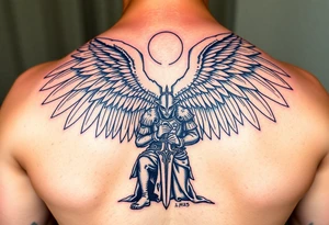 An angelic figure with massive wings standing behind a kneeling Templar tattoo idea