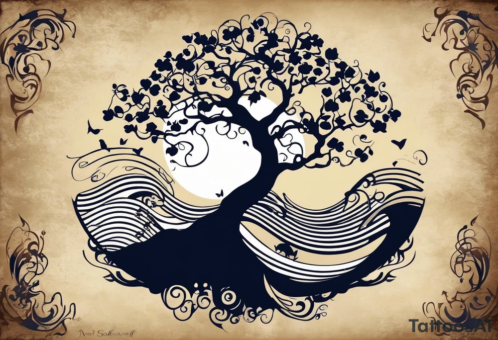an abstract Tree of Life tattoo. It should have roots growing out of the bottom. The roots slowly turn into water from the Great Wave by Hokusai. A golf flag should be placed discreetly growing out of the ground. 2 license plate tags should be hanging from the tree. Place a few music notes in the areas the leaves should be. The letters A U should be engraving into the tree trunk in a heart. Black and white only. tattoo idea