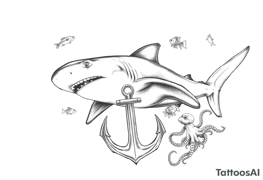 a hammerhead shark under it an anchor,fishes,jellyfisches,octopus. tattoo idea